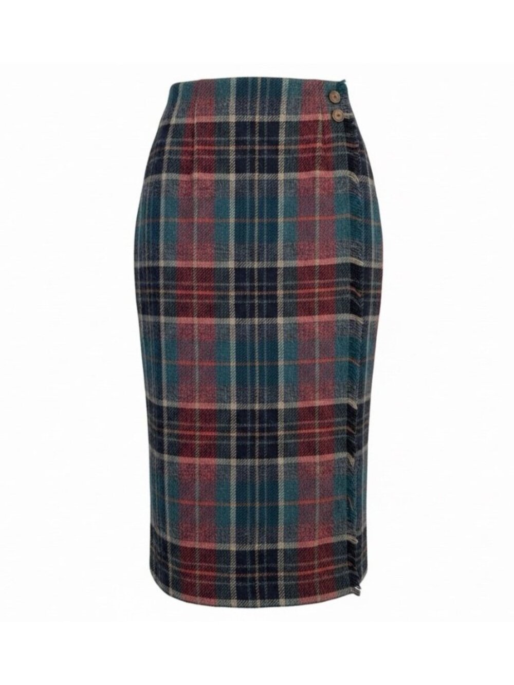 Talbots Womens Red & Green Plaid Wool Midi Skirt Button Accent Size 8 Petite